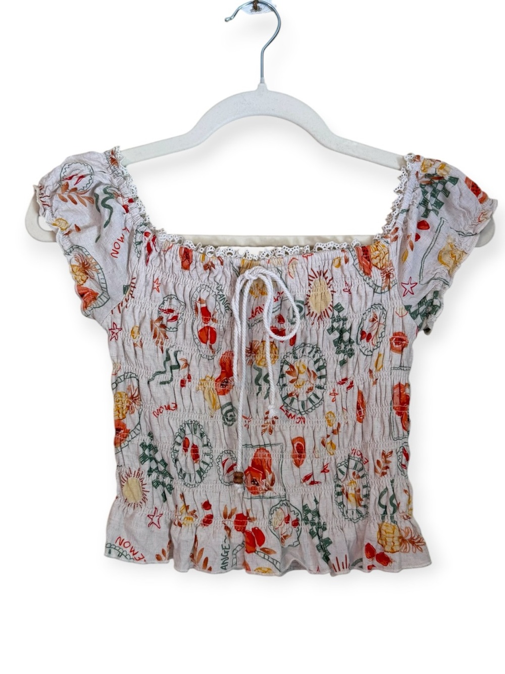 Kirious Smocked Off-Shoulder Floral Print Crop Top Fitted Cottage Core vibe